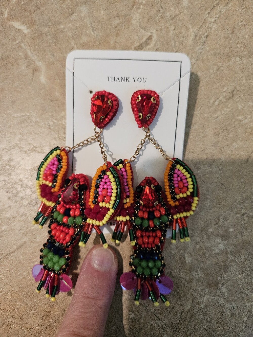 Colorful Beaded Lobster Drop Earrings - Red, Pink, Green - Picture 2 of 4